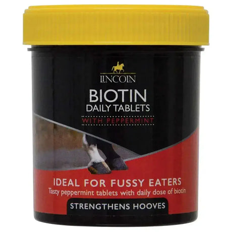 Black cylindrical container with bright yellow lid labeled lincoln biotin daily tasty hoof care supplement with peppermint