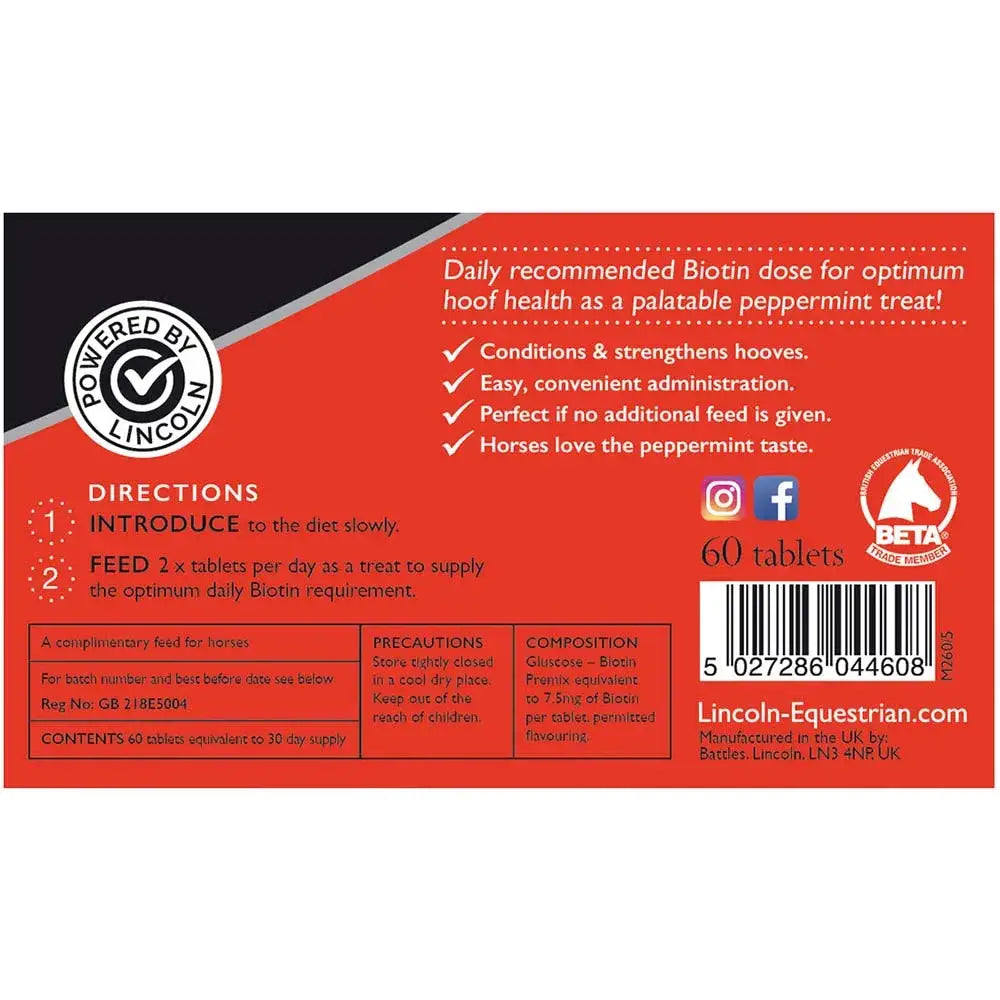 Lincoln Biotin Daily Tablets Refill Pouch Peppermint 60 Tablets Horse Hoof Supplements