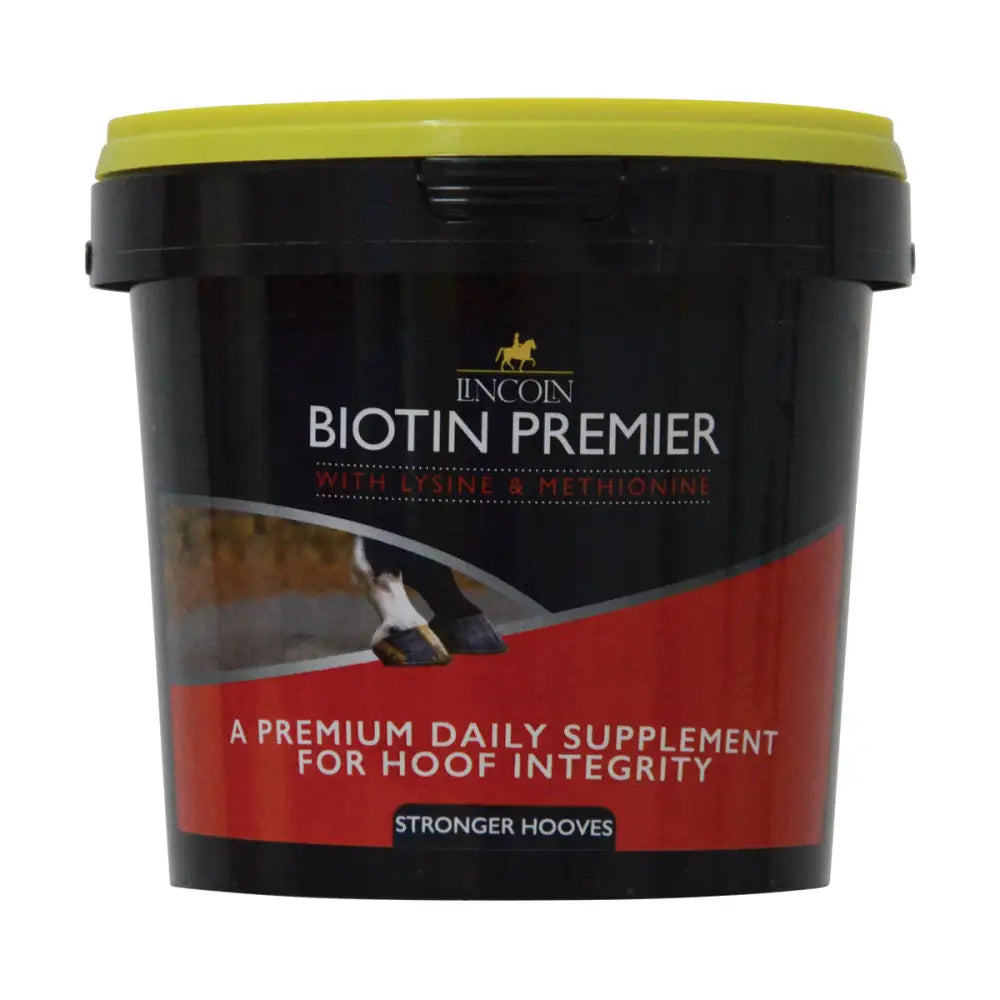 Black plastic bucket with yellow lid labeled lincoln biotin premier premium daily horse hoof supplements