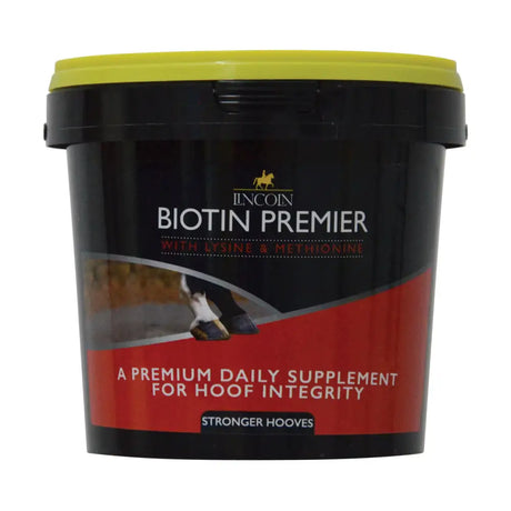 Black plastic bucket with yellow lid labeled lincoln biotin premier premium daily horse hoof supplements