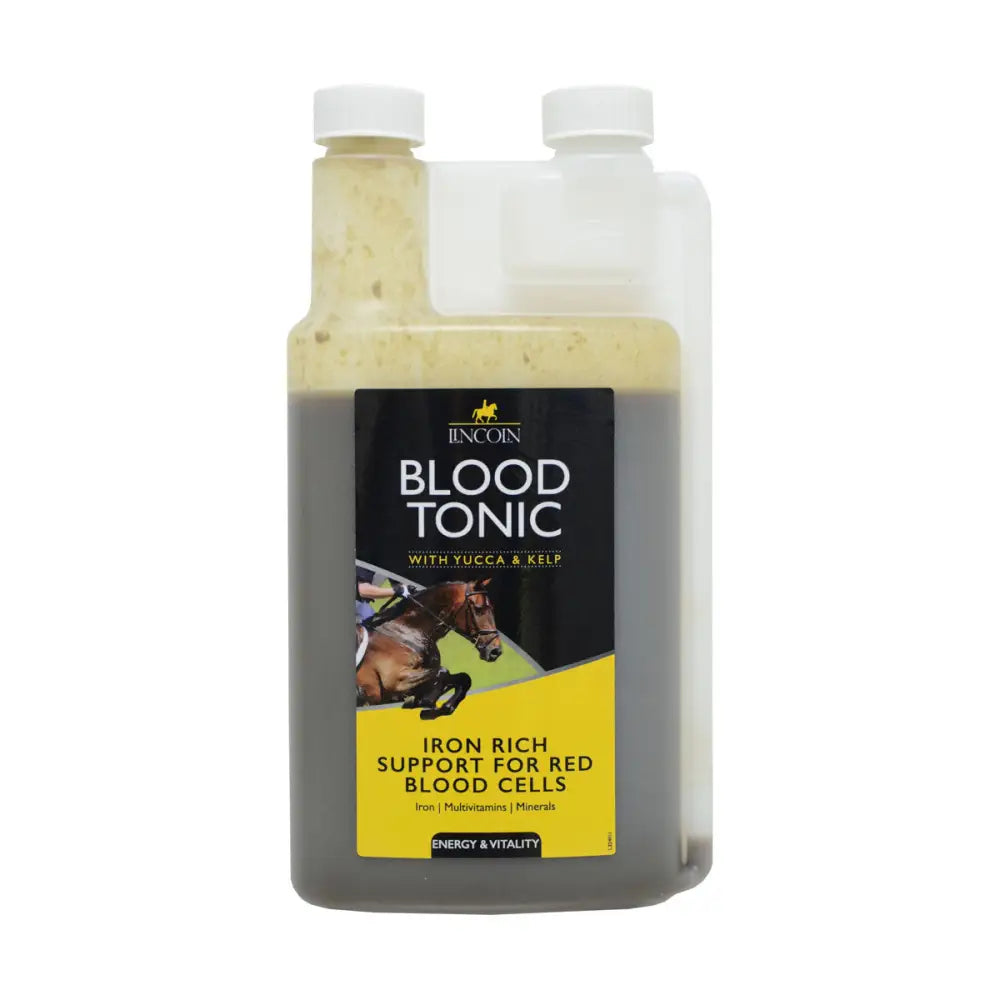 Lincoln blood tonic is a perfectly balanced daily tonic with horse vitamins in a clear plastic bottle with a black and yellow label