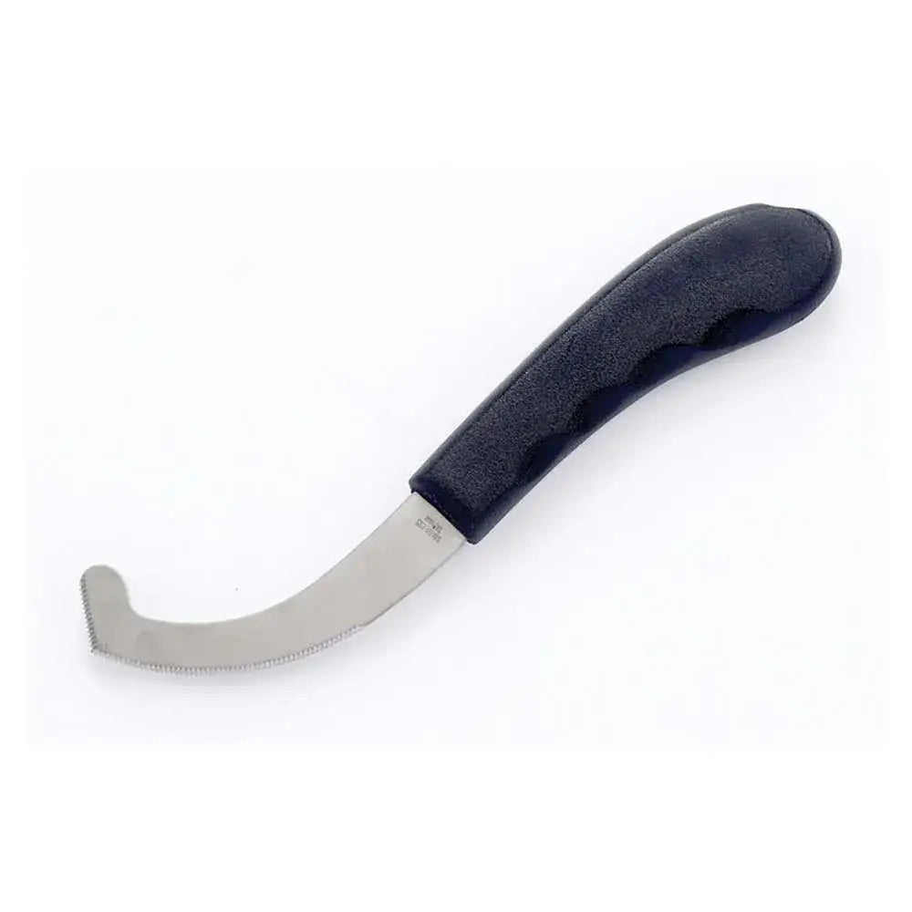 Black-handled lincoln bot knife with curved serrated stainless steel blade for removing bot fly eggs and pruning use
