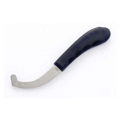Black-handled lincoln bot knife with curved serrated stainless steel blade for removing bot fly eggs and pruning use