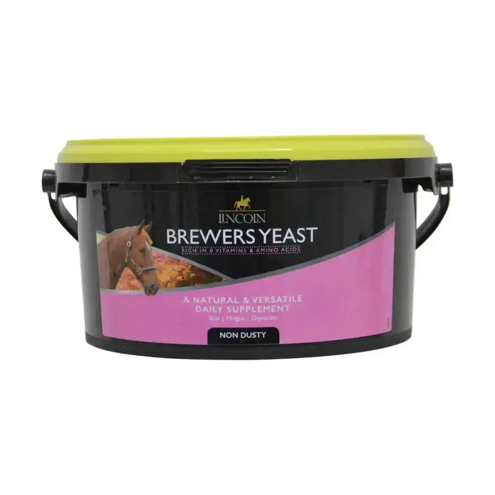 Black plastic bucket with lime green lid and pink lincoln brewers yeast label horse vitamins equine supplement rich