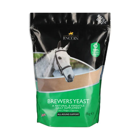 Lincoln brewers yeast refill pouch 1kg black and green bag with white horse image for horses yeast supplement
