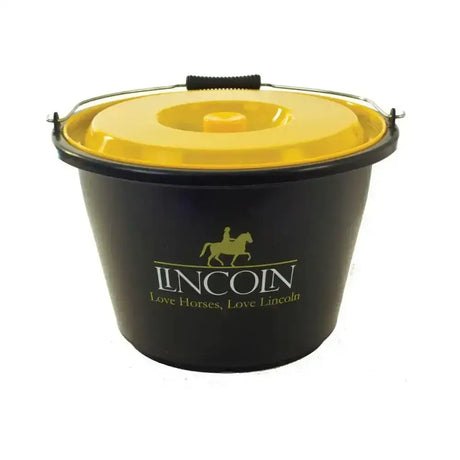 Black plastic lincoln bucket with bright yellow lid and black handle a branded multi-functional bucket