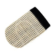 Beige mesh lincoln cactus grooming mitt with black cuff designed for stable stains exfoliating use