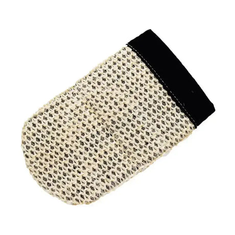 Beige mesh lincoln cactus grooming mitt with black cuff designed for stable stains exfoliating use