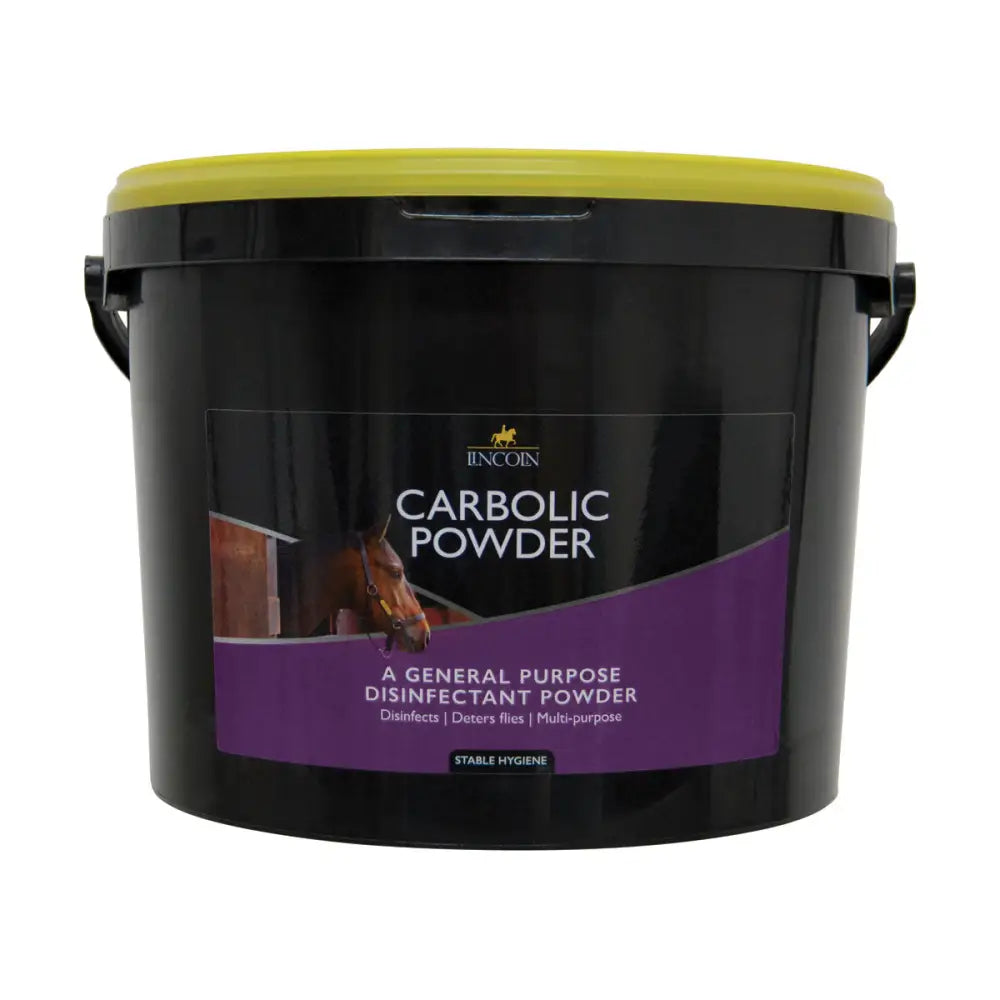 Black plastic bucket with bright yellow lid labeled lincoln carbolic powder by incoin for stable accessories use