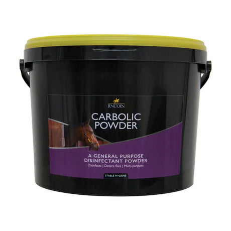 Black plastic bucket with bright yellow lid labeled lincoln carbolic powder by incoin for stable accessories use