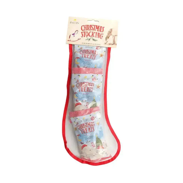 Red-trimmed lincoln christmas stocking filled with festive holiday treats perfect for christmas horse bix fans