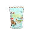 A light blue resealable bag of lincoln christmas treats mince pie flavour for dogs with festive candy cane and elf design near a horse head