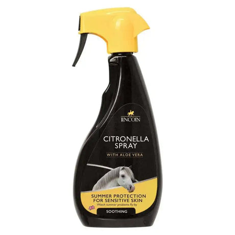 Black plastic lincoln citronella spray bottle with yellow trigger and aloe vera for effective summer protection