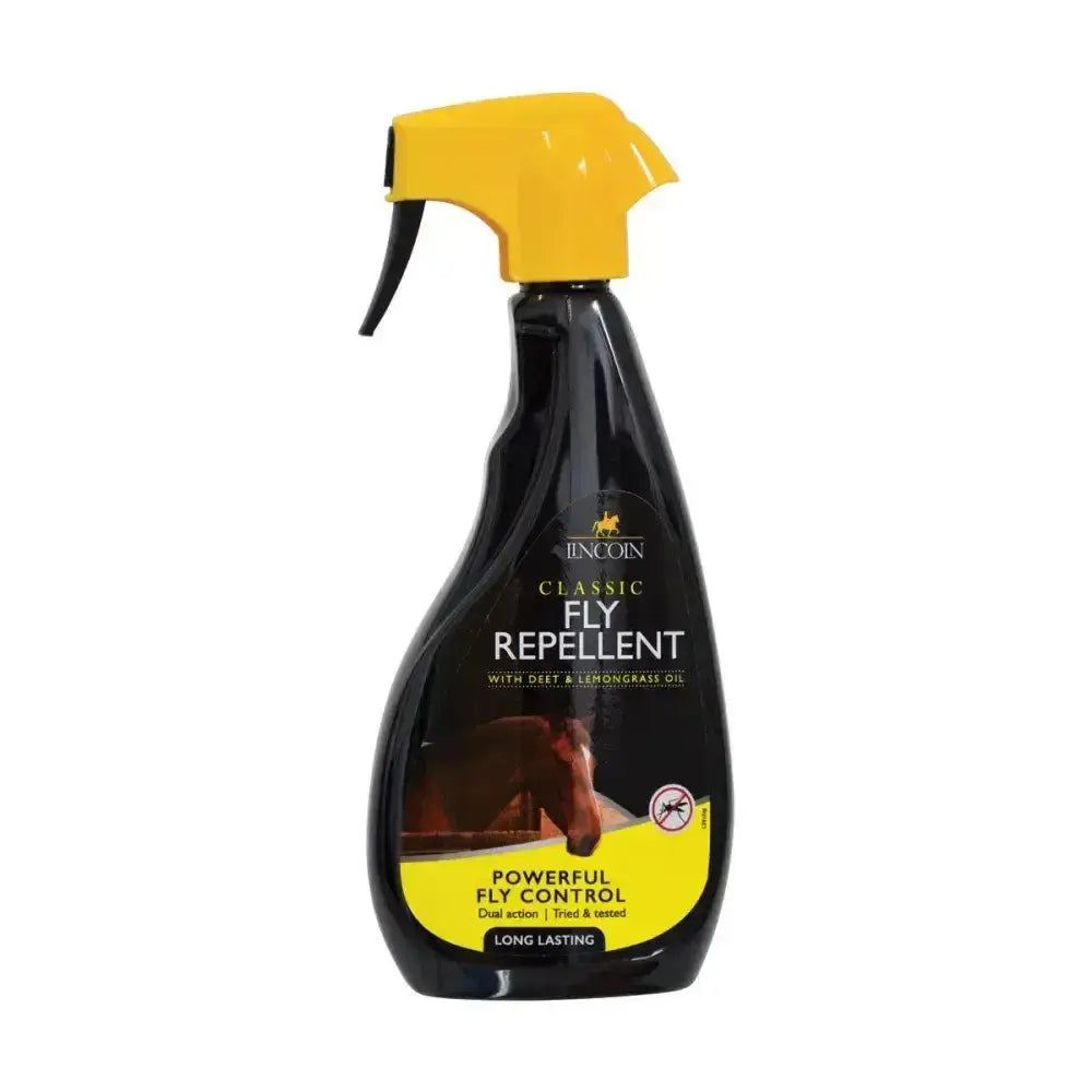 Black plastic spray bottle with yellow nozzle and lincoln classic fly repellent label featuring powerful long-lasting dual action formula