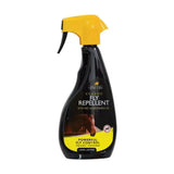 Black plastic spray bottle with yellow nozzle and lincoln classic fly repellent label featuring powerful long-lasting dual action formula