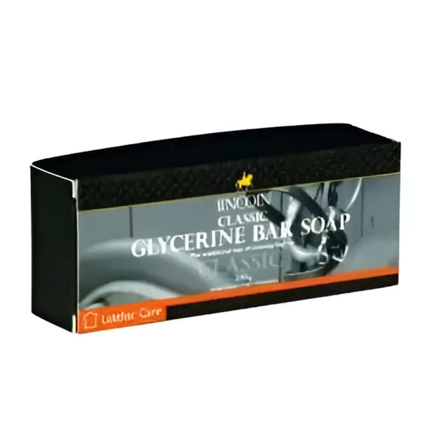 Black rectangular box of lincoln classic glycerine bar soap with silver and orange label featuring a motorcycle image