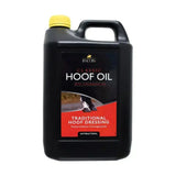 Black plastic jug with yellow cap and handle labeled lincoln classic hoof oil faithful hoof dressing preparation