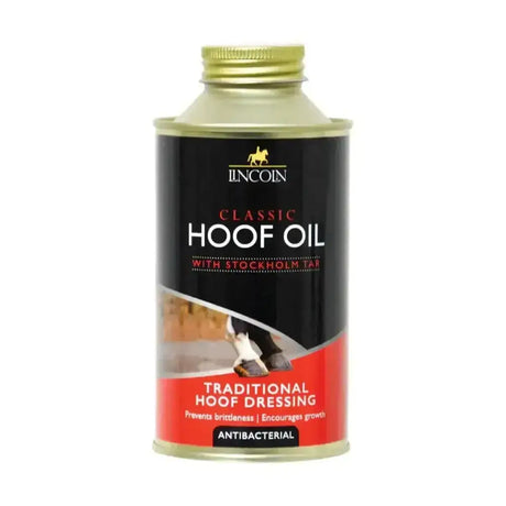 Lincoln classic hoof oil in a sleek black and red can with gold cap formulated with stockholm tar for faithful hoof dressing