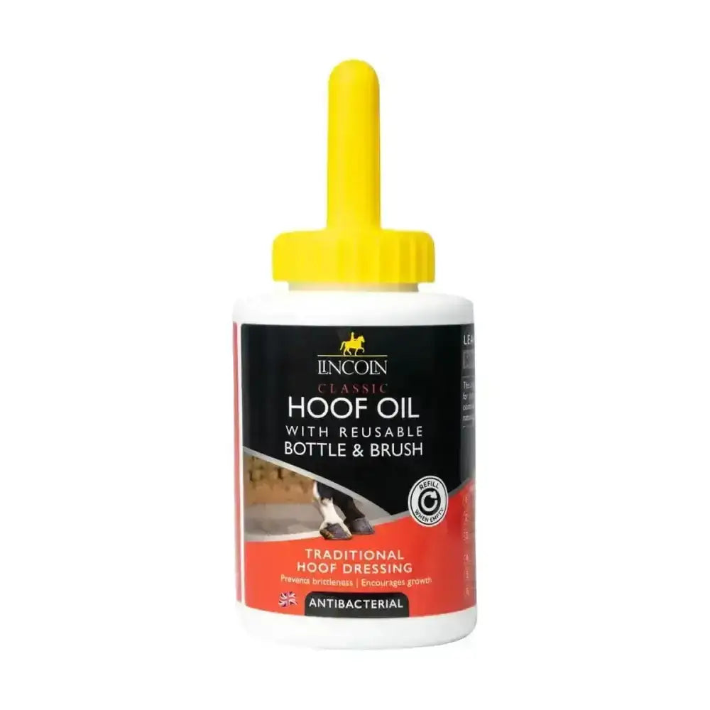 Lincoln classic hoof oil in a white reusable bottle with yellow cap and brush for faithful hoof dressing preparation