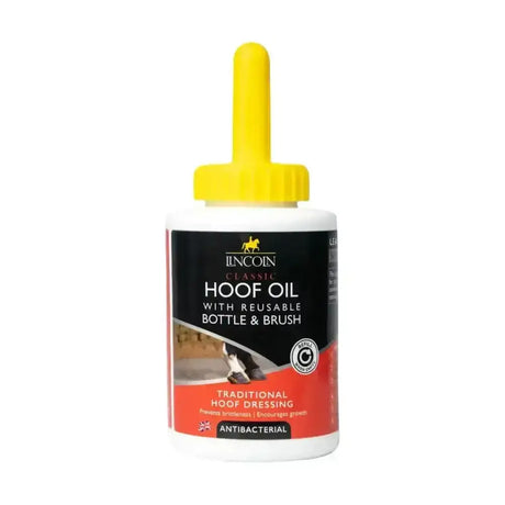 Lincoln classic hoof oil in a white reusable bottle with yellow cap and brush for faithful hoof dressing preparation