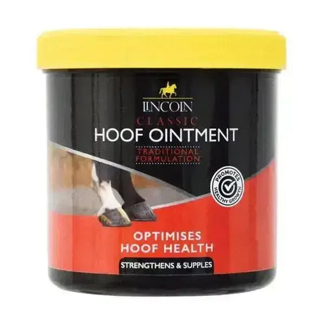Black and red labeled container with yellow lid showing lincoln classic hoof ointment optimises hoof health