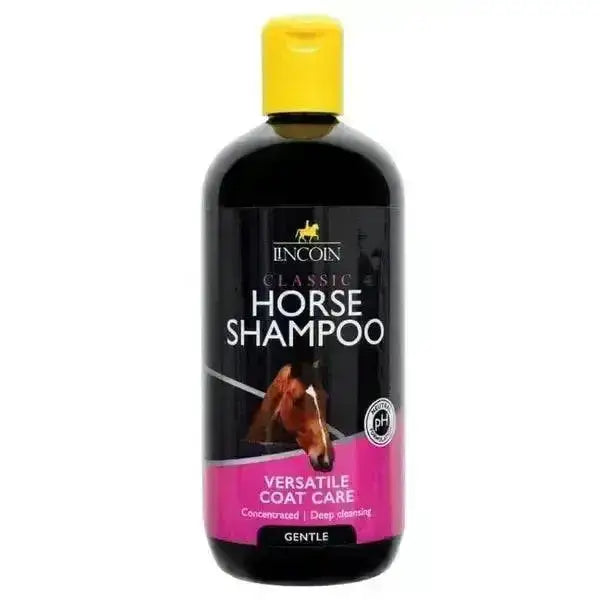 Black lincoln classic horse shampoo bottle with yellow cap and pink label showing horse image time favourites