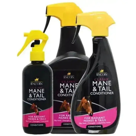 Three black spray bottles with yellow nozzles labeled lincoln classic mane & tail conditioner for tail conditioner mane use