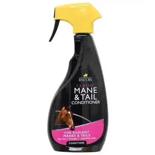 Black plastic spray bottle with yellow nozzle labeled lincoln classic mane mane & tail conditioner for tail care
