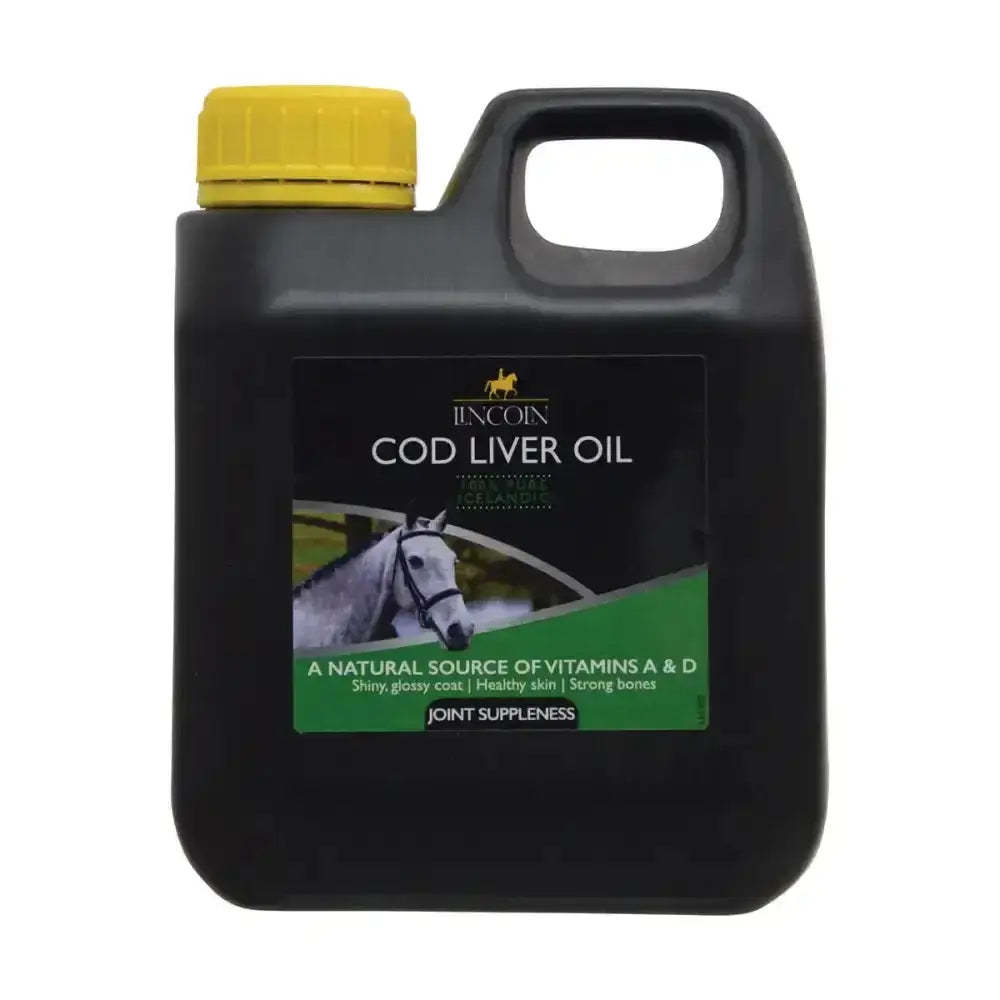 Black plastic bottle with yellow cap and label for lincoln cod liver oil rich in oil soluble vitamins to support joints
