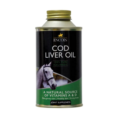 Lincoln cod liver oil in a metallic can with black and green label featuring a white horse for oil soluble vitamins