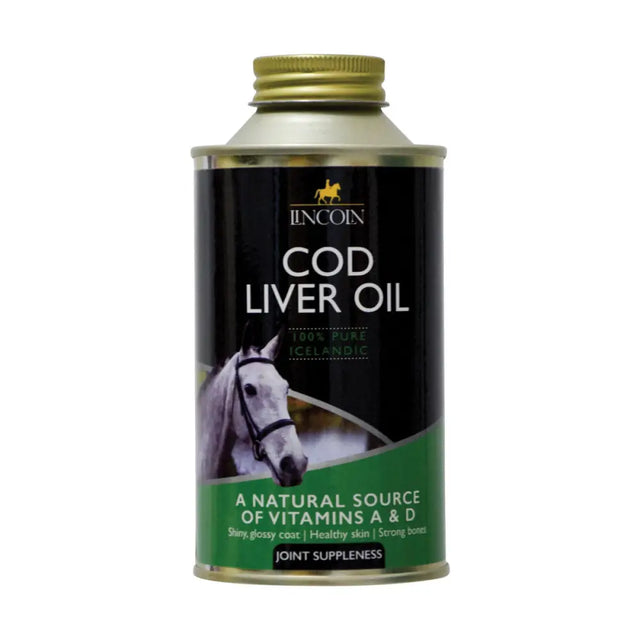 Lincoln cod liver oil in a metallic can with black and green label featuring a white horse for oil soluble vitamins