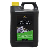 Black plastic jug with yellow cap labeled lincoln cod liver oil and garlic featuring a horse on the label