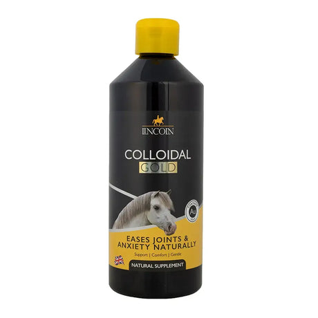 Black bottle with yellow cap and white horse label of lincoln colloidal gold highlighting active silver benefits and anti-inflammatory properties