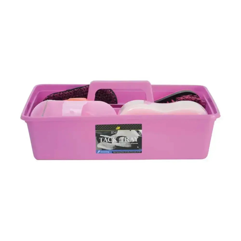 Pink plastic tack tray with handle and compartments in the lincoln complete grooming kit by ing for grooming kits