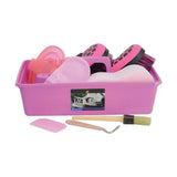 Pink plastic tack tray with assorted grooming tools from the lincoln complete grooming kit for easy grooming use
