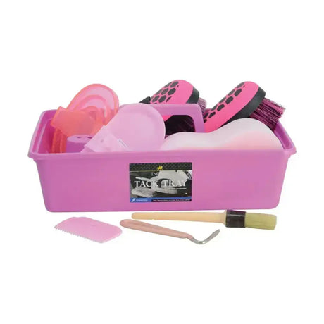 Pink plastic tack tray with assorted grooming tools from the lincoln complete grooming kit for easy grooming use