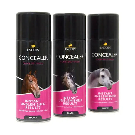 Three lincoln concealer spray aerosol cans with pink labels show brown black and white shades for horses coats
