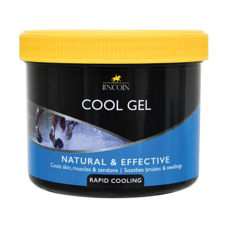 Black cylindrical container with bright yellow lid and blue label of lincoln cool gel for effective triple action to soothe bruised swollen legs