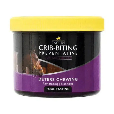 Lincoln crib-biting preventative in a black and purple container with yellow lid for dual action water resistant use