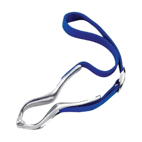 Blue lincoln cribbing strap with silver metal clamps featuring a fully adjustable buckle for anti-crib collar use