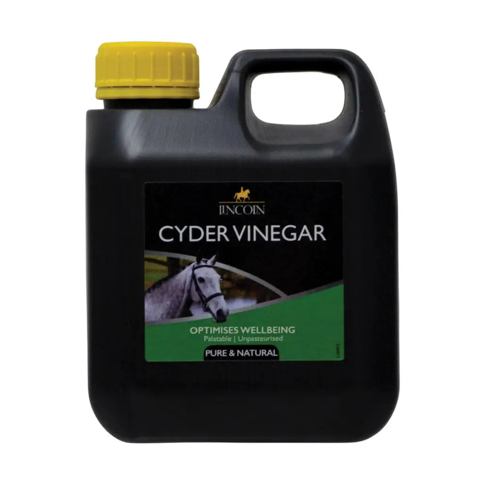Black plastic jug of lincoln cyder vinegar with yellow cap featuring horse image for traditional english recipe and horse vitamins