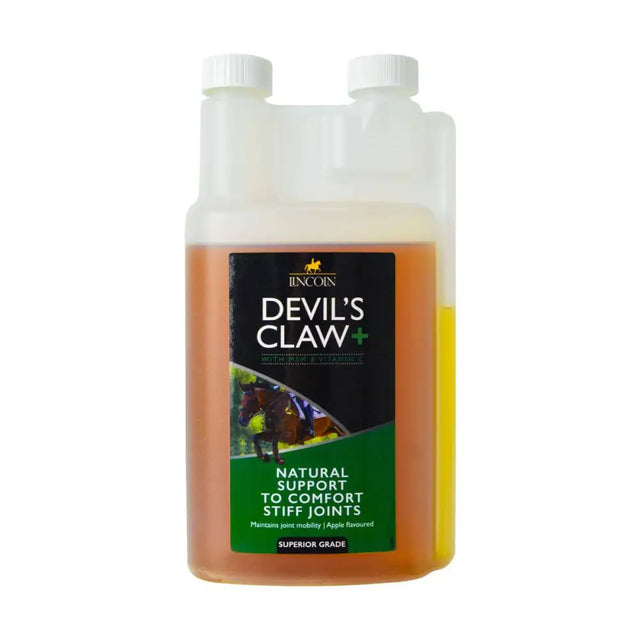 Lincoln devil’s claw plus liquid supplement in clear bottle with white cap contains amber apple flavored solution for equine joint supplements