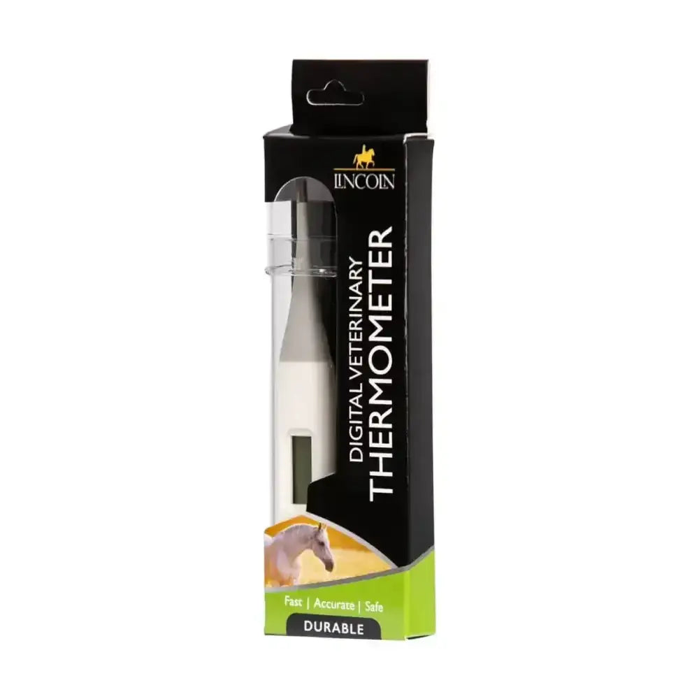 Lincoln digital veterinary thermometer in white and gray with accurate digital thermometer design, packaged for easy handling