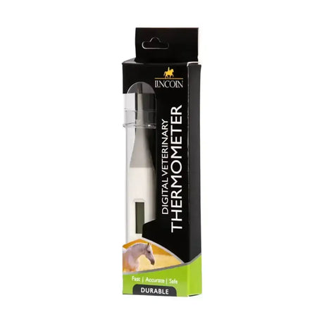 Lincoln digital veterinary thermometer in white and gray with accurate digital thermometer design, packaged for easy handling