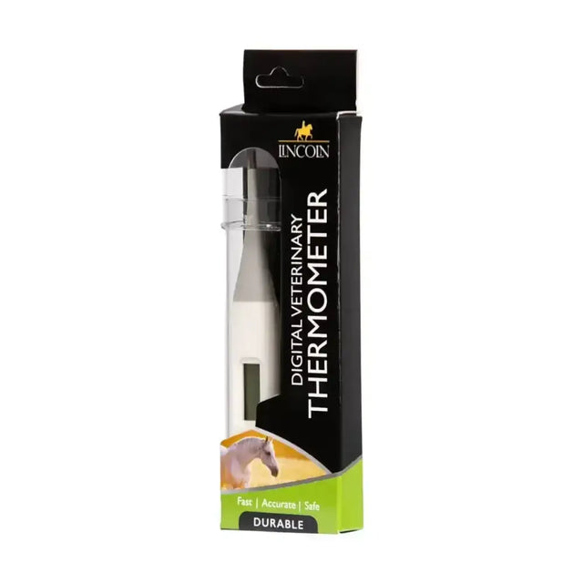 Lincoln digital veterinary thermometer in white and gray with accurate digital thermometer design, packaged for easy handling