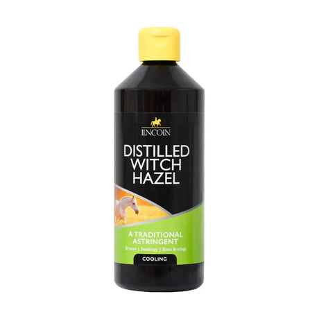 Black plastic bottle with yellow cap and green label of lincoln distilled witch hazel versatile astringent solution