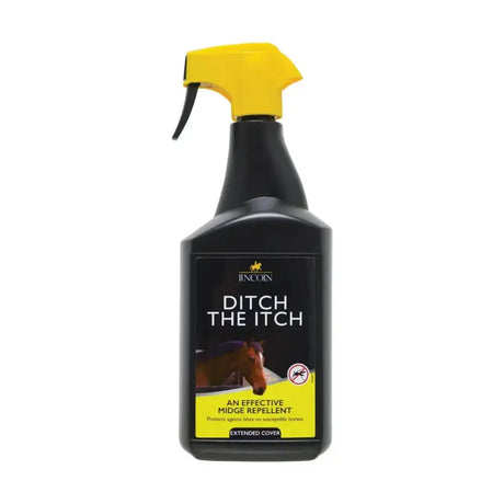 Black plastic spray bottle with bright yellow nozzle labeled lincoln ditch the itch effective midge repellent inspired by native african tribesmen