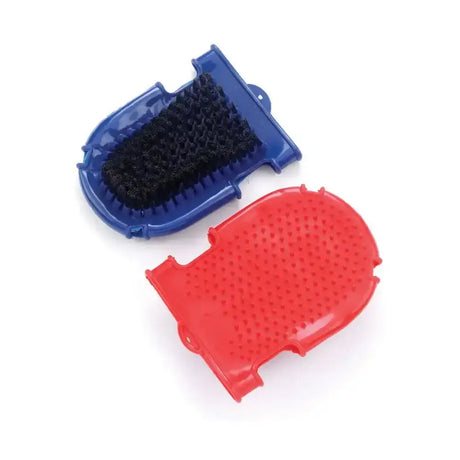 Blue and red lincoln dual purpose grooming glove with dual sided bristle and rubber pin grooming mitt surfaces