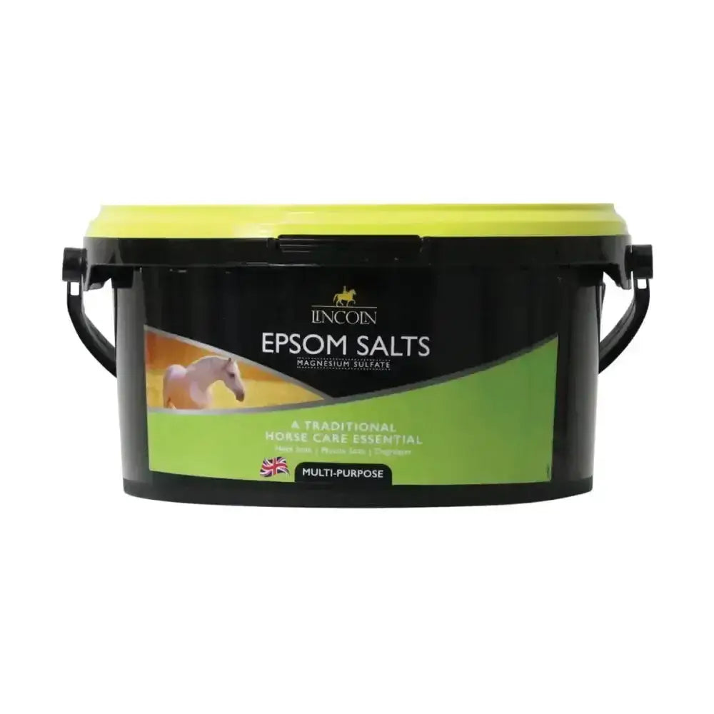 Black plastic bucket with yellow lid labeled lincoln epsom salts for traditional horse care and horse vitamins