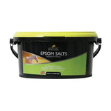 Black plastic bucket with yellow lid labeled lincoln epsom salts for traditional horse care and horse vitamins